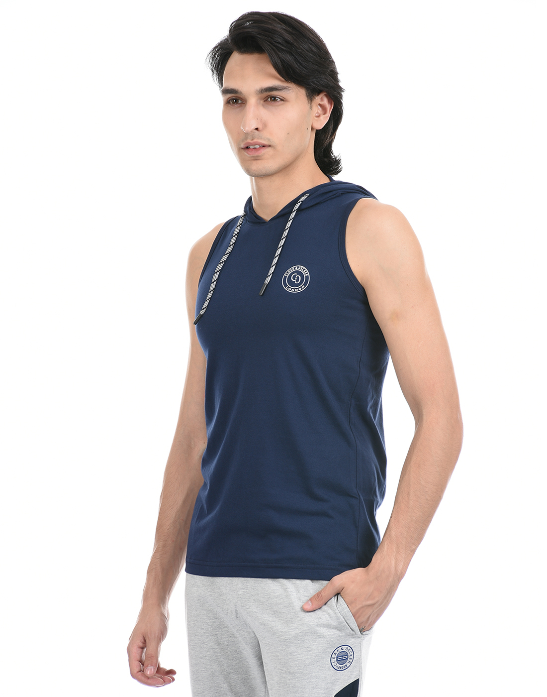 Cloak & Decker by Monte Carlo Men Dark Blue Sleeveless Hooded Tshirt